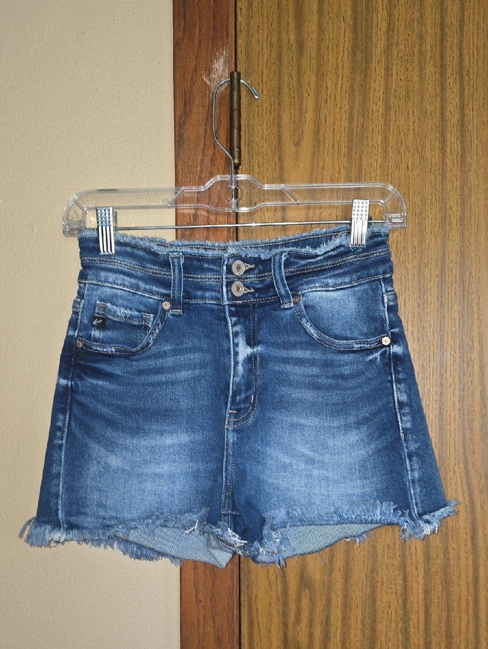 KanCan Washed Blue High-Rise Frayed Hem Jean Shorts